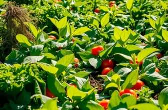 A picturesque sunlit landscape filled with colorful fruits and vegetables, representing healthy living.