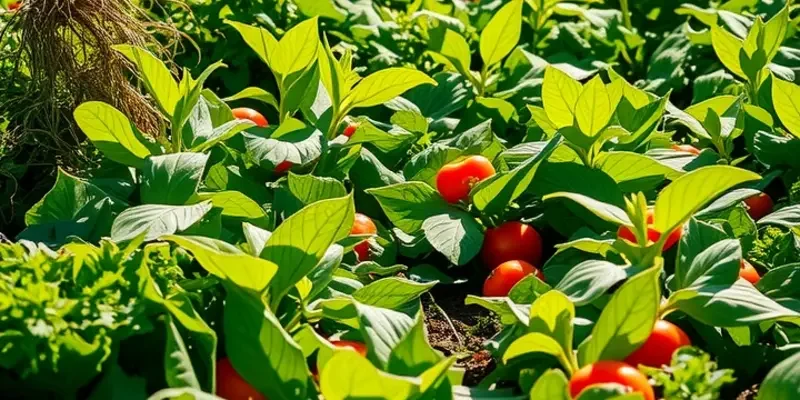 A picturesque sunlit landscape filled with colorful fruits and vegetables, representing healthy living.