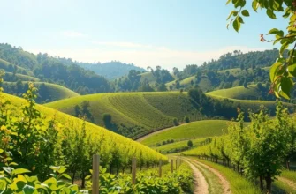 A tranquil scenic view of a sunlit field with lush greenery and colorful fruits and vegetables.