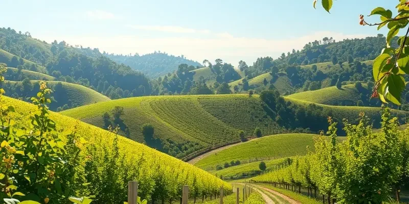 A tranquil scenic view of a sunlit field with lush greenery and colorful fruits and vegetables.