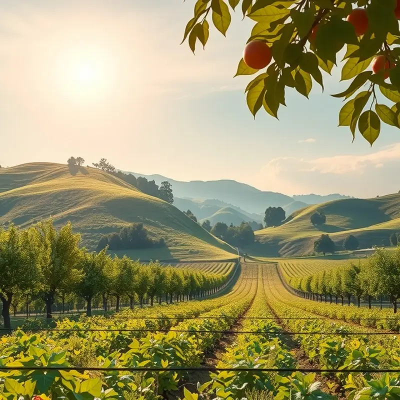 A sunlit field showcasing vibrant fruits and vegetables, symbolizing fresh juice ingredients.