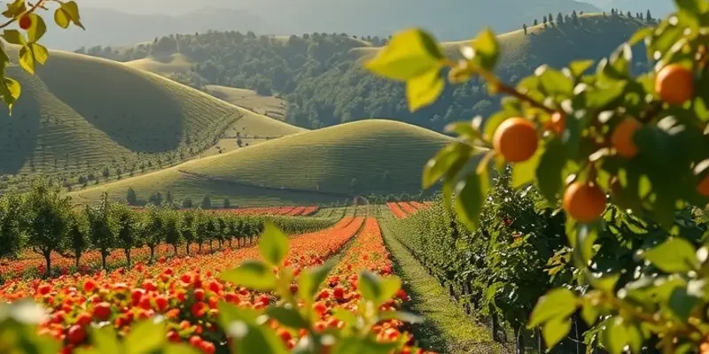 A scenic view of a field filled with fresh vegetables and fruits, symbolizing healthy nutrition.