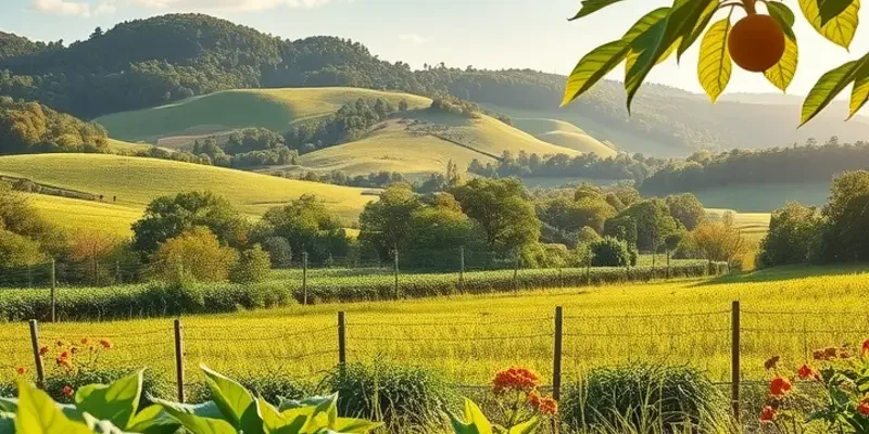 Vibrant organic vegetables and fruits growing in a sunlit organic orchard.