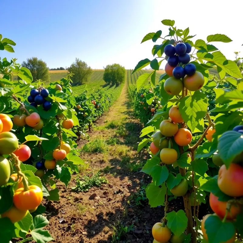 A landscape featuring a sunlit field filled with fresh vegetables and fruits.