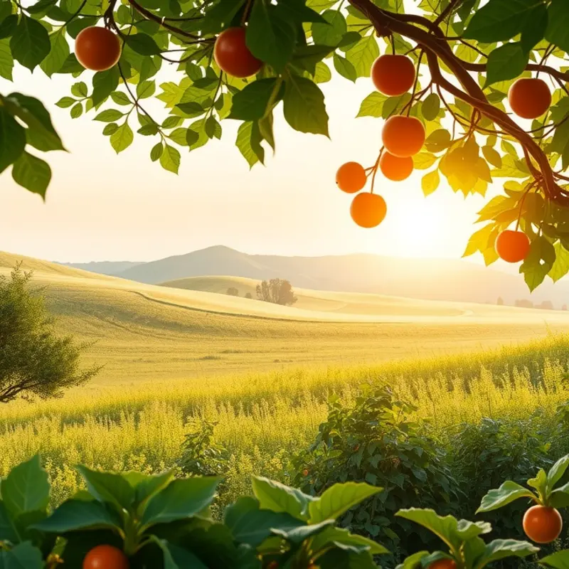 A vibrant sunlit field showcasing lush greenery and abundant organic produce.