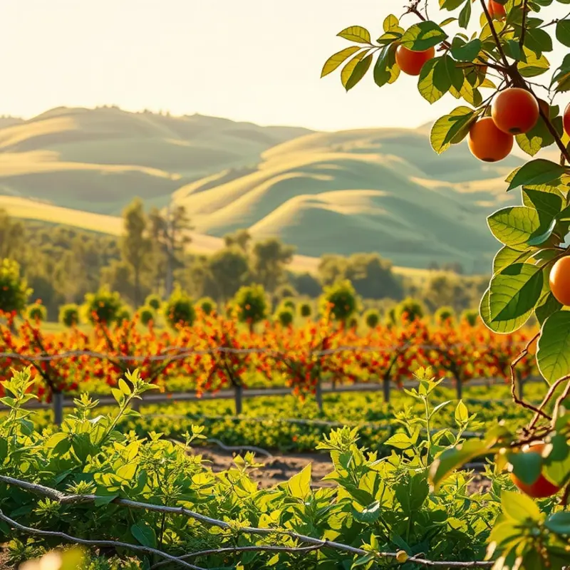 A vibrant orchard brimming with fresh, organic fruits and vegetables.