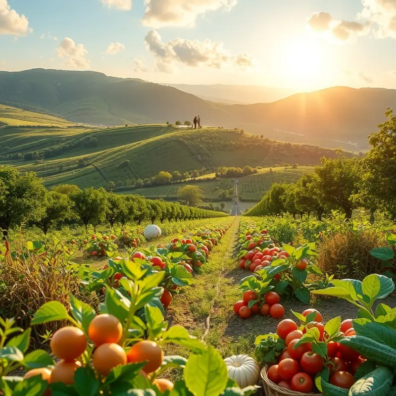 A sunlit field showcasing vibrant fruits and vegetables in a natural setting.