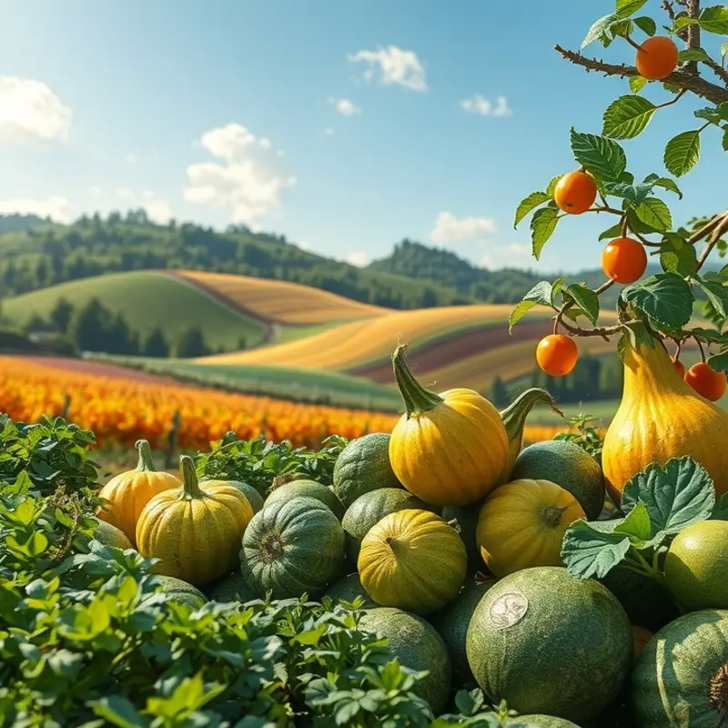 A serene orchard filled with vibrant fruits and vegetables under warm sunlight.