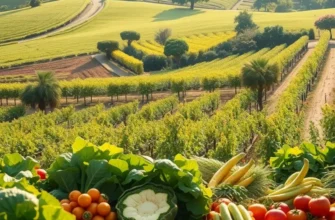 A serene garden filled with organic plants and fruits under a warm sun.