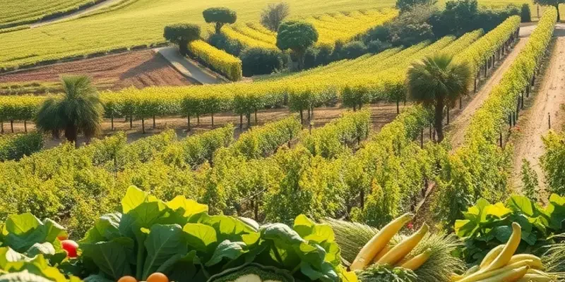 A serene garden filled with organic plants and fruits under a warm sun.