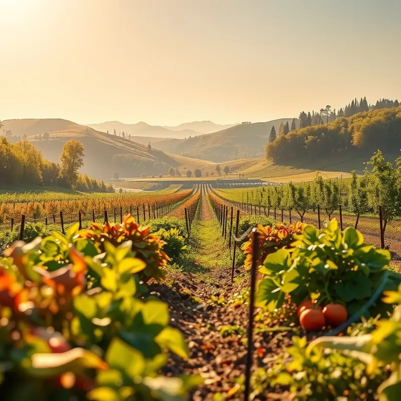 A vibrant orchard showcasing organic produce basking in warm sunlight.