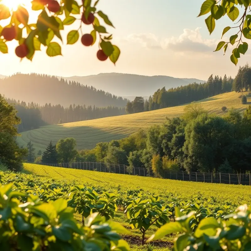 A sunlit orchard showcasing the natural beauty and abundance of organic produce.