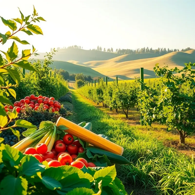 A sunlit orchard filled with vibrant fruits and vegetables, evoking a sense of organic freshness.