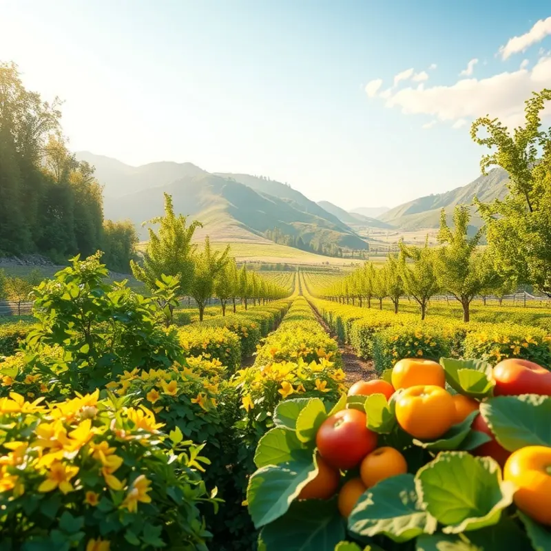 A vibrant sunlit field showcasing fresh fruits and vegetables in a natural setting.
