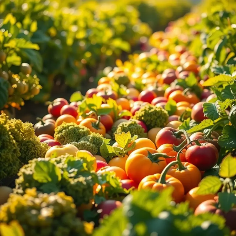 A vibrant orchard showcasing organic vegetables and fruits bathed in sunlight.