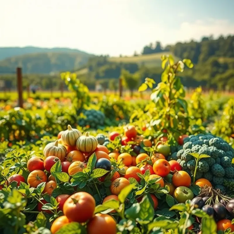 A vibrant field filled with fresh organic produce under soft sunlight.