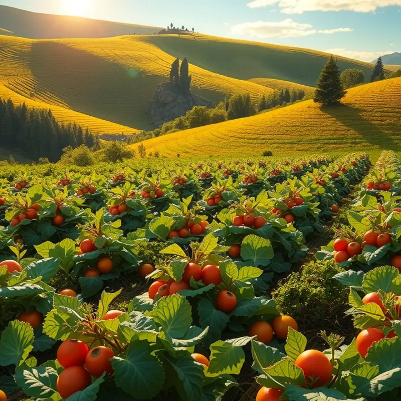 A vibrant, sunlit field filled with organic produce, symbolizing the fresh ingredients in greens powders.