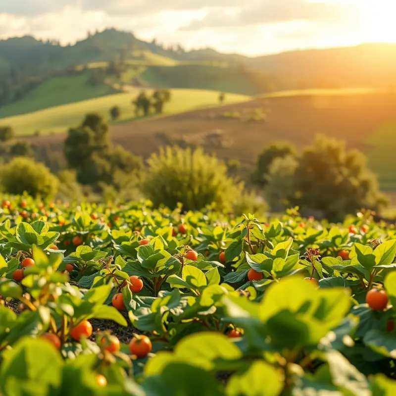 A scenic field showcasing vibrant organic vegetables and fruits.