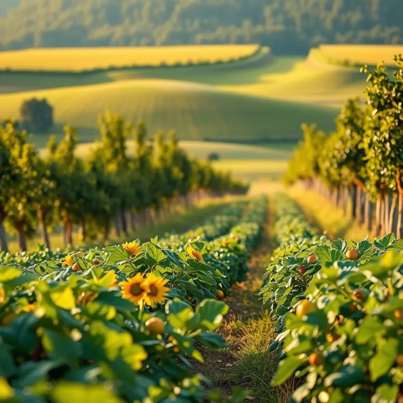 A vibrant sunlit field filled with organic vegetables and fruits.