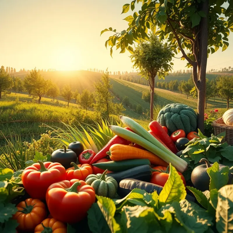 A vibrant sunlit field showcasing healthy organic produce.