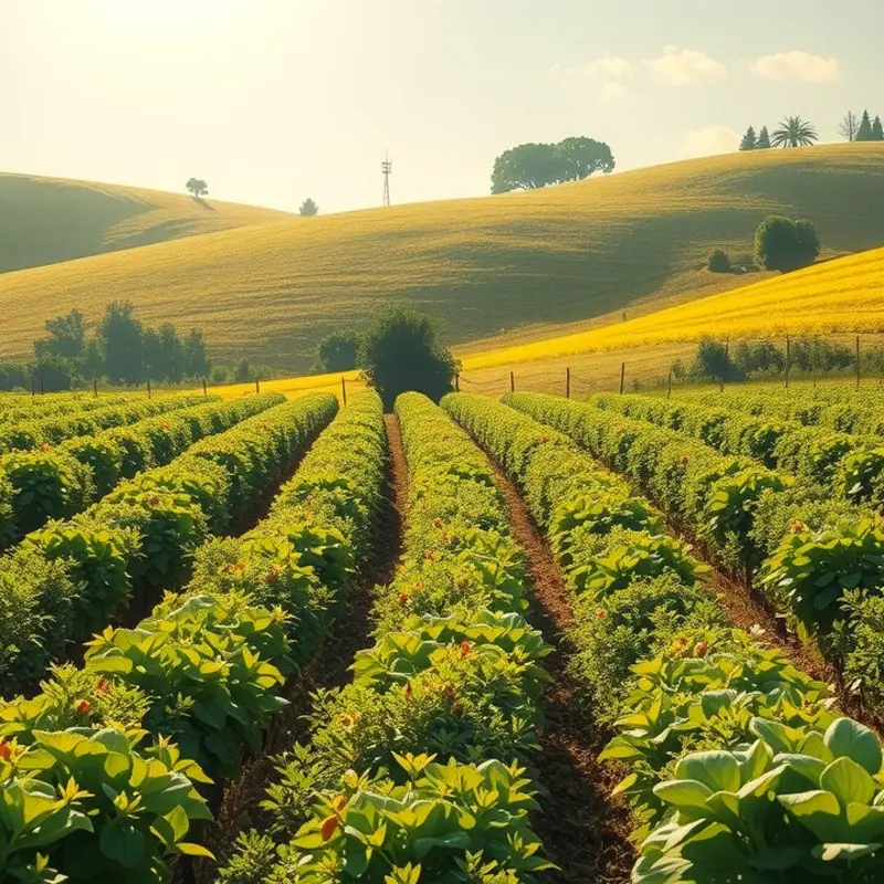 A tranquil sunlit field filled with vibrant vegetables and fruits.
