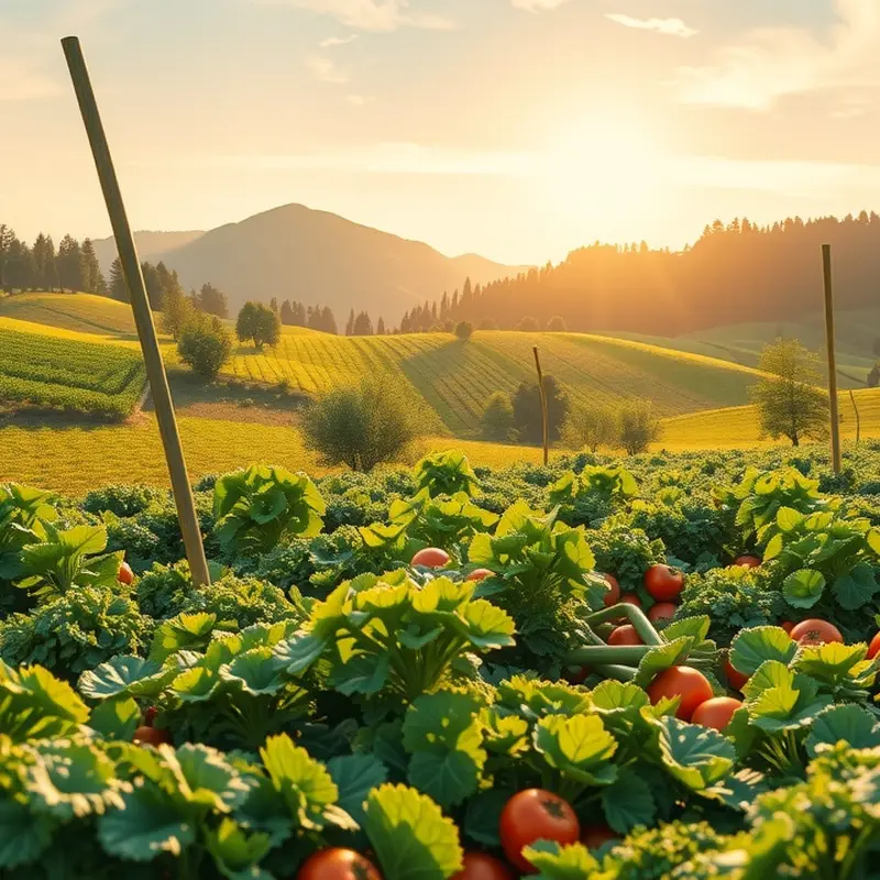 A sunlit field showcasing a variety of organic fruits and vegetables, representing health and abundance.