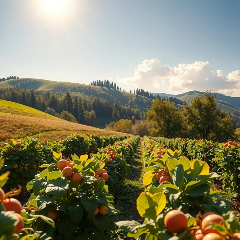 A sunlit field filled with vibrant organic vegetables and fruits.