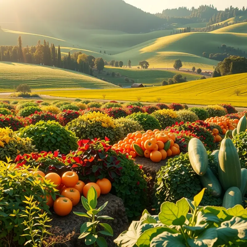 A vibrant sunlit landscape showcasing fresh vegetables and fruits.