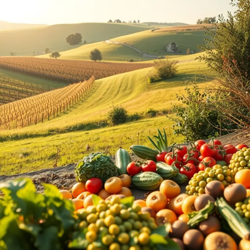 A serene sunlit orchard filled with fresh fruits and vegetables, inspiring healthy dessert ideas.