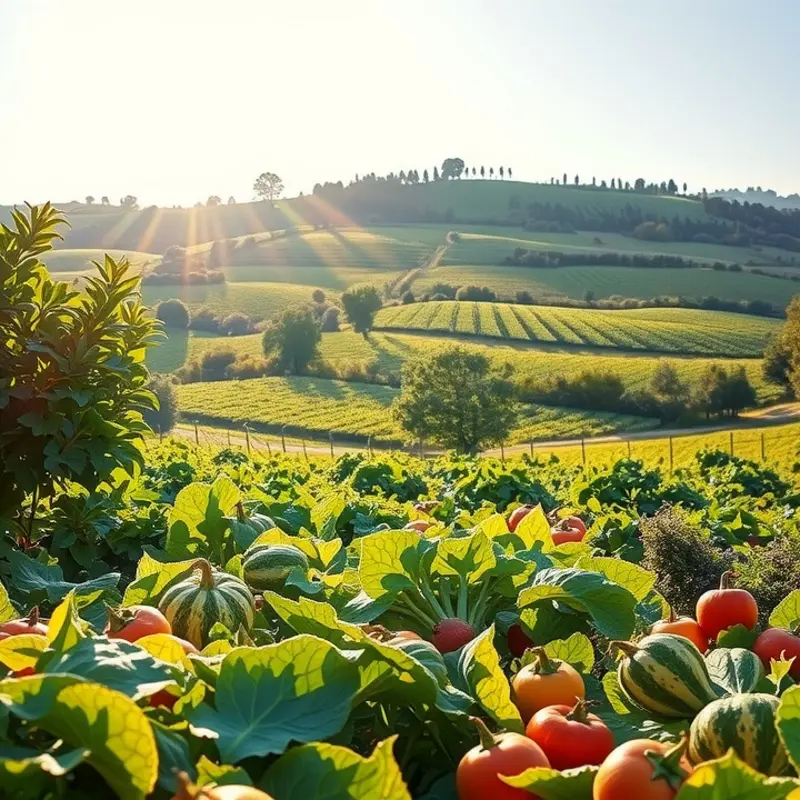 A sunlit organic field showcasing vibrant fruits and vegetables.