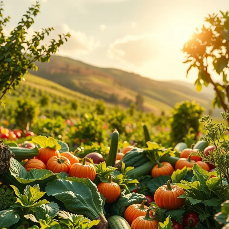 A sunlit field showcasing the abundance of fresh organic produce.