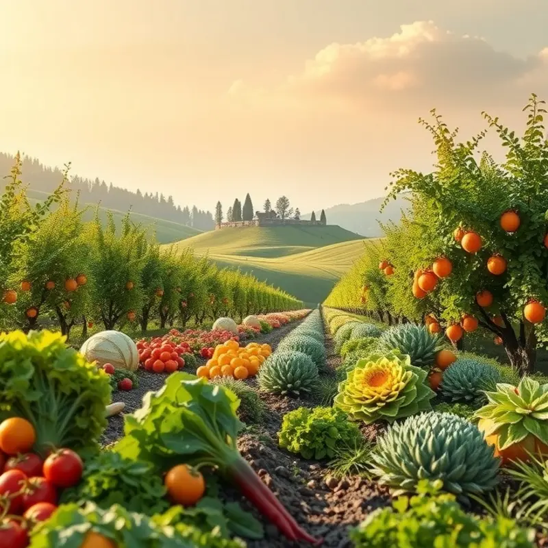 A vibrant sunlit orchard filled with fresh, organic fruits and vegetables.