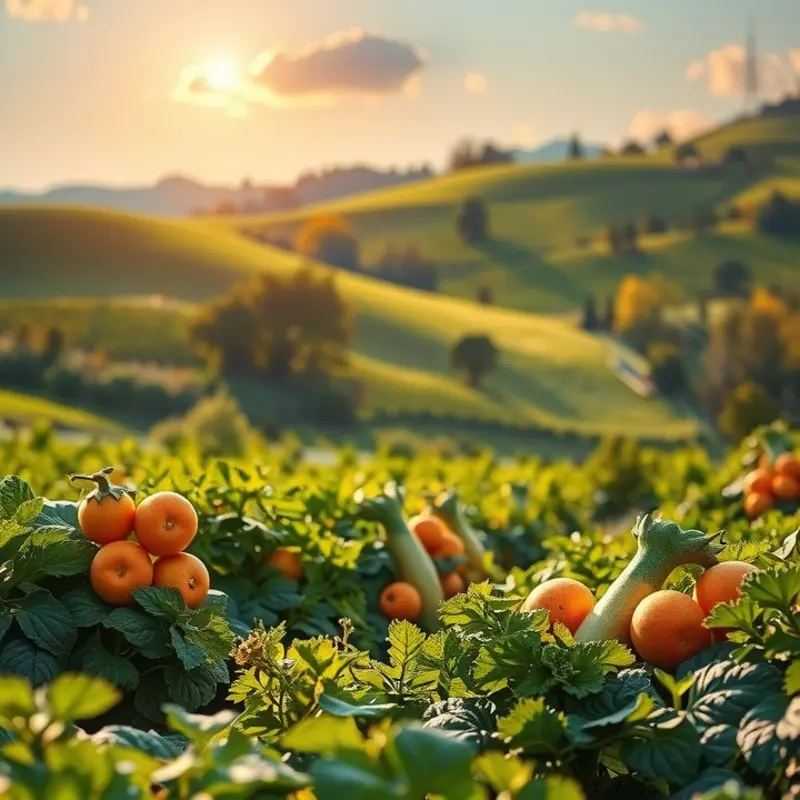 A vibrant scene showcasing organic fruits and vegetables in a sunlit field.