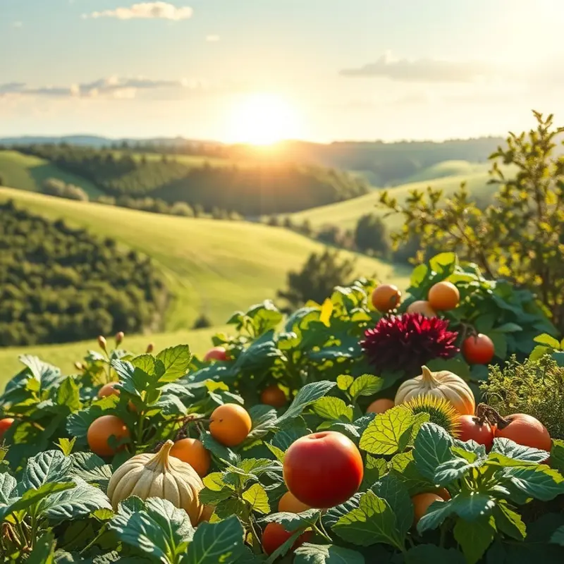 A serene sunlit field filled with vibrant, healthy produce symbolizing the connection between nature and nutrition.