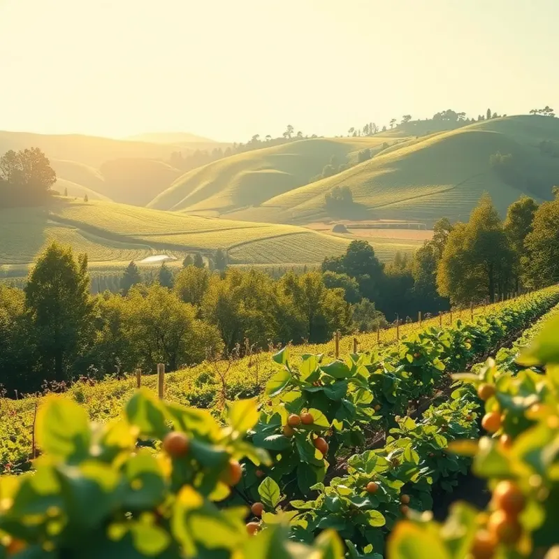 A serene orchard filled with vibrant fruits and vegetables, representing freshness and abundance.