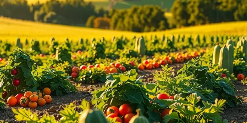 A scenic landscape featuring an abundance of organic produce, symbolizing the concept of mindful eating.