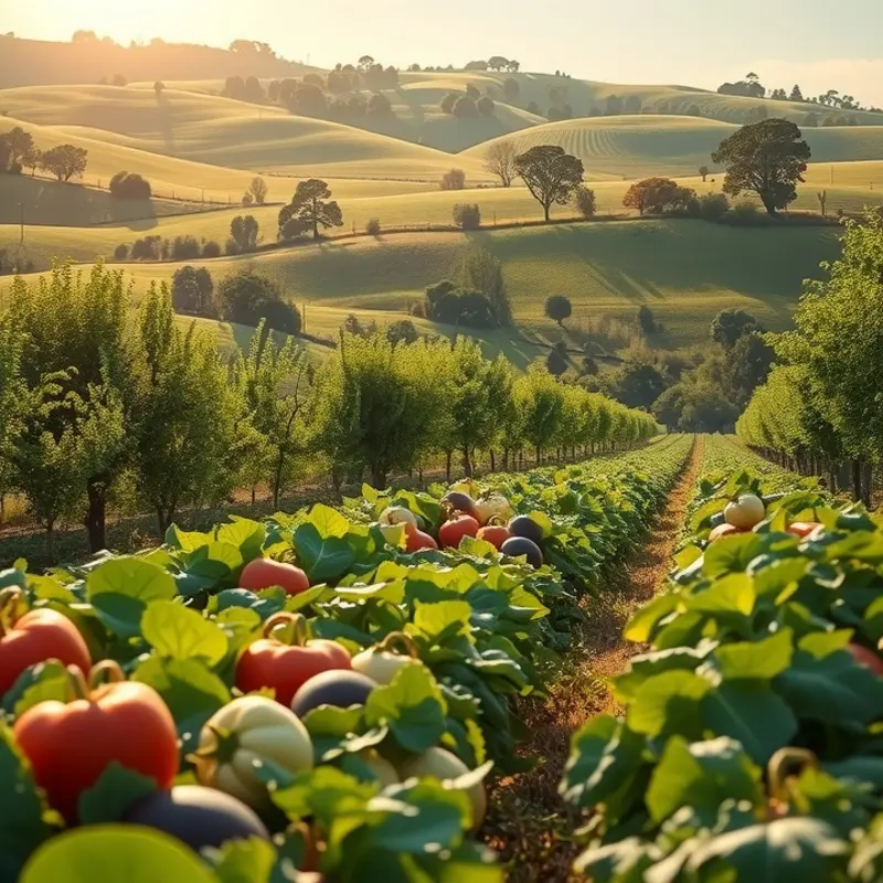 A sunlit field showcasing the vibrance of organic fruits and vegetables.