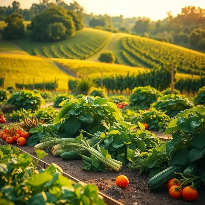 A sunlit field bursting with vibrant fruits and vegetables.