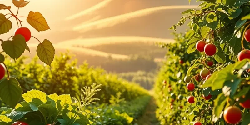 A beautiful sunlit landscape with fields of organic vegetables and fruits shining in the warm light.