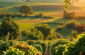 A vibrant, scenic view of nature highlighting fresh, organic vegetables and fruits, encouraging mindful eating and emotional well-being.