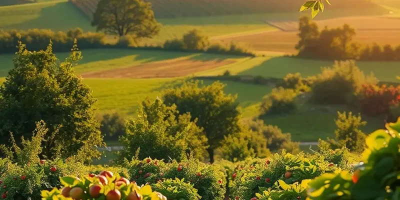 A vibrant, scenic view of nature highlighting fresh, organic vegetables and fruits, encouraging mindful eating and emotional well-being.