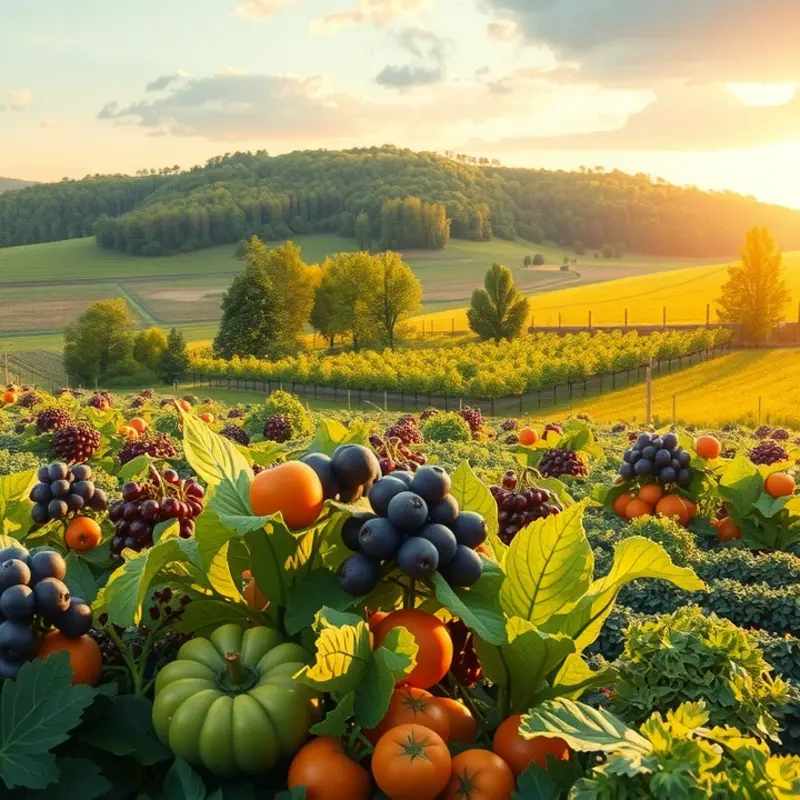 A lush garden with an abundance of fruits and vegetables representing the natural components of a heart-healthy diet.