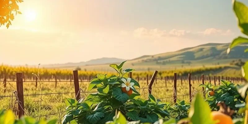 A peaceful landscape showcasing rich organic produce, representing the harmony of sustenance in monastic life.