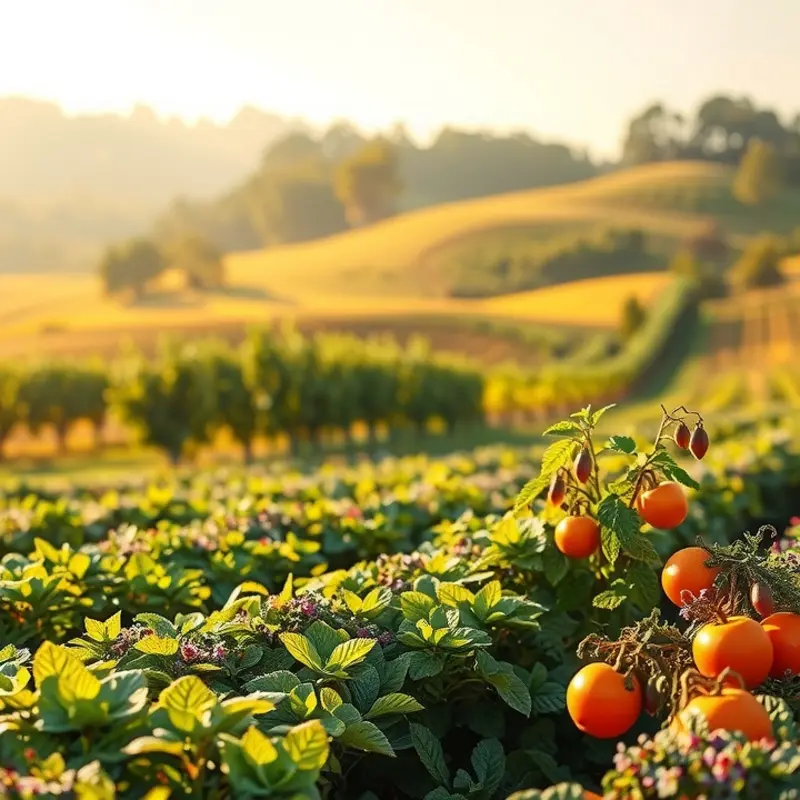 A sunlit orchard brimming with vibrant organic produce, emblematic of the serenity found in monastic gardening.