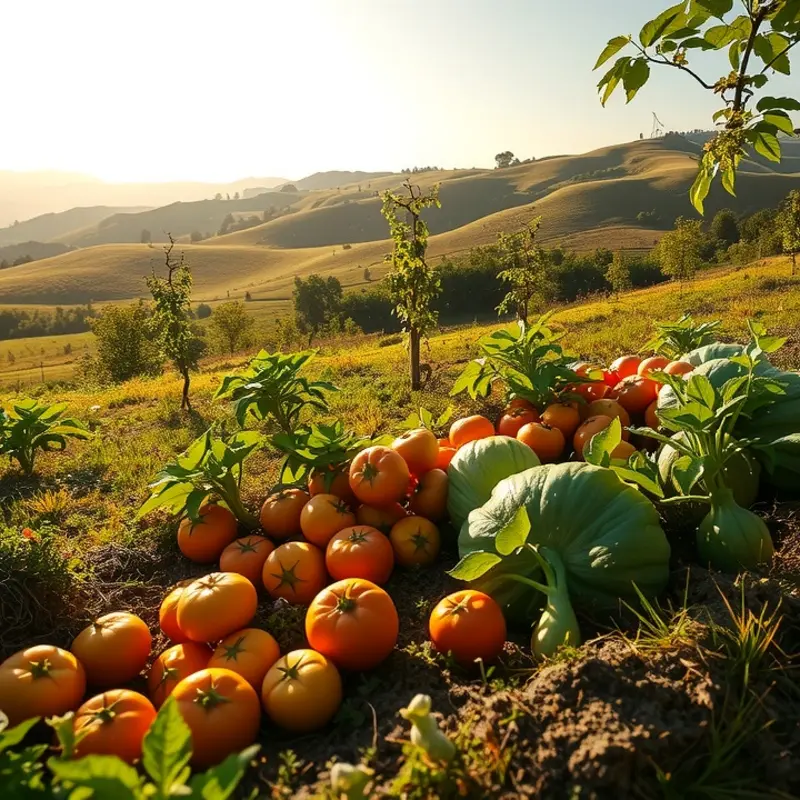 A sunlit orchard brimming with vibrant organic produce, emblematic of the serenity found in monastic gardening.