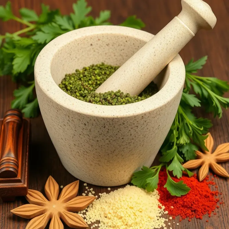 Natural stone mortar and pestle with fresh herbs and spices.