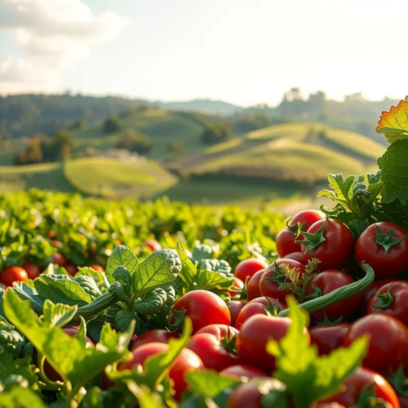 A sunlit orchard showcasing vibrant fruits and vegetables, representing natural food preservation methods.