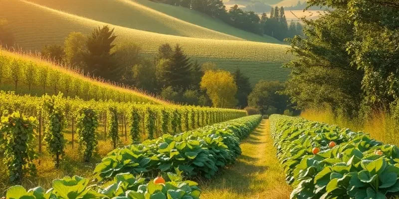 A lush, sunlit field showcasing ripe vegetables and fruits ready for pickling.