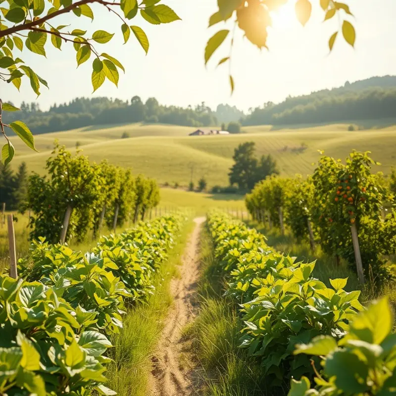 A lush landscape showcasing vibrant fruits and vegetables in a sunlit field.