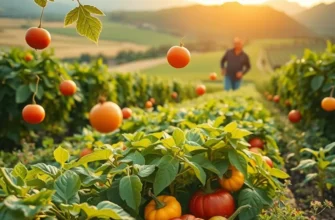 Orchard with healthy vegetables and fruits basking in sunlight.